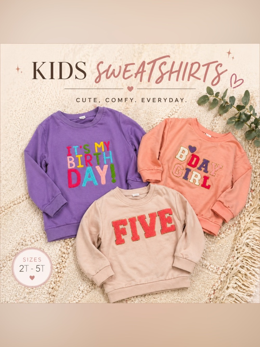 Kids Birthday Sweatshirt Bundle - Purple, Peach, Beige sz 5-6 5T 6T